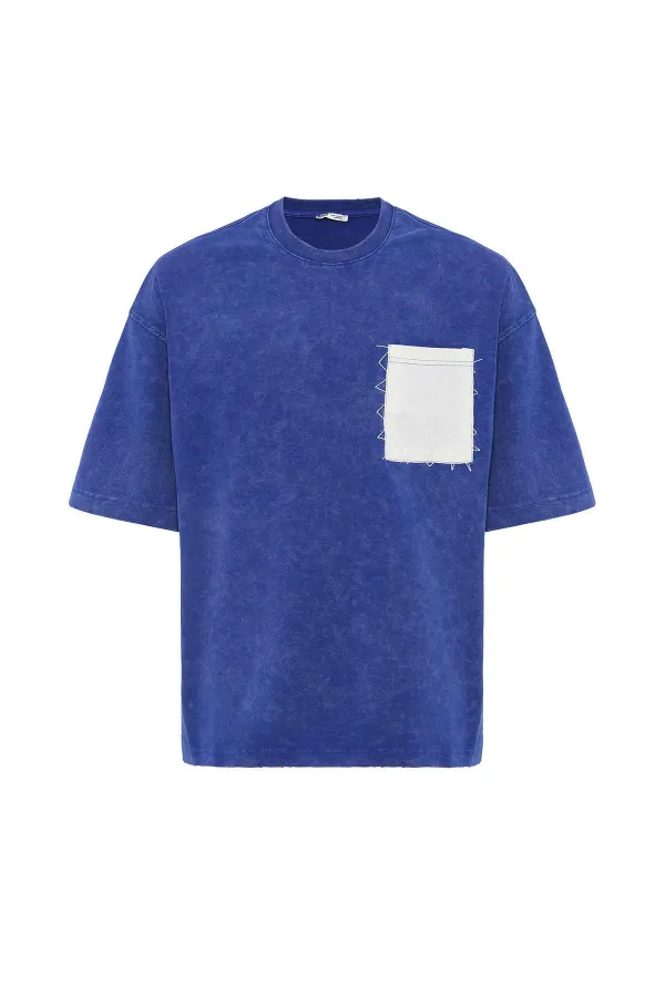 Yıkamalı Cep Detaylı Oversize Tişört Saks