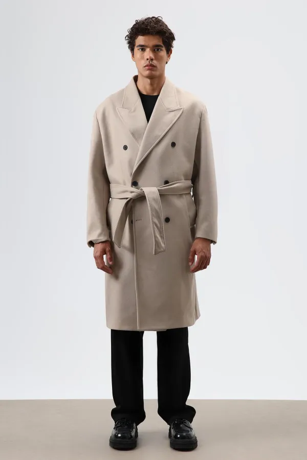 Oversize Kruvaze Kaşe Kaban Bej