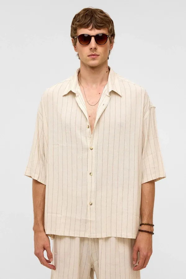 Oversize Çizgili Kısa Kollu Keten Gömlek Vizon