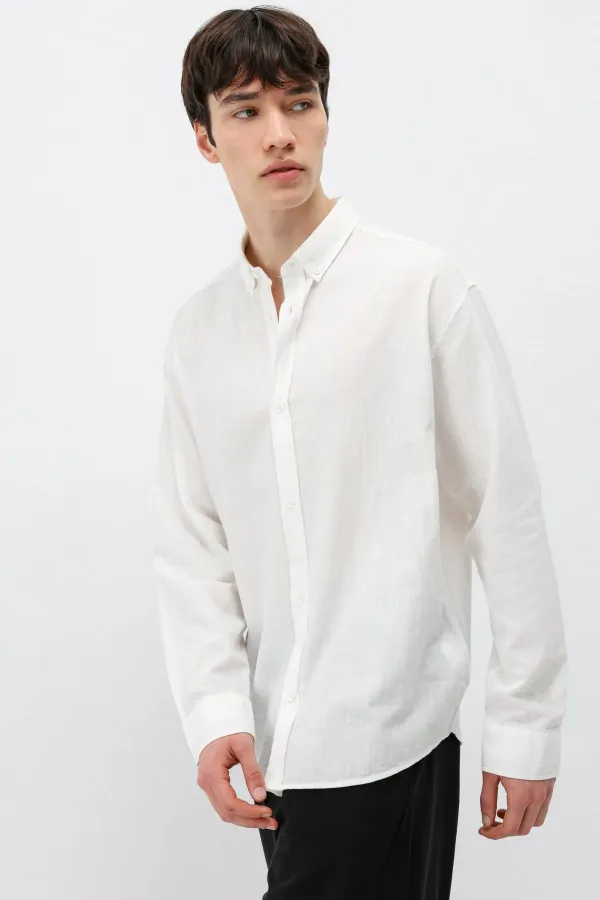Basic Oversize Pamuk  Keten Gömlek Ekru
