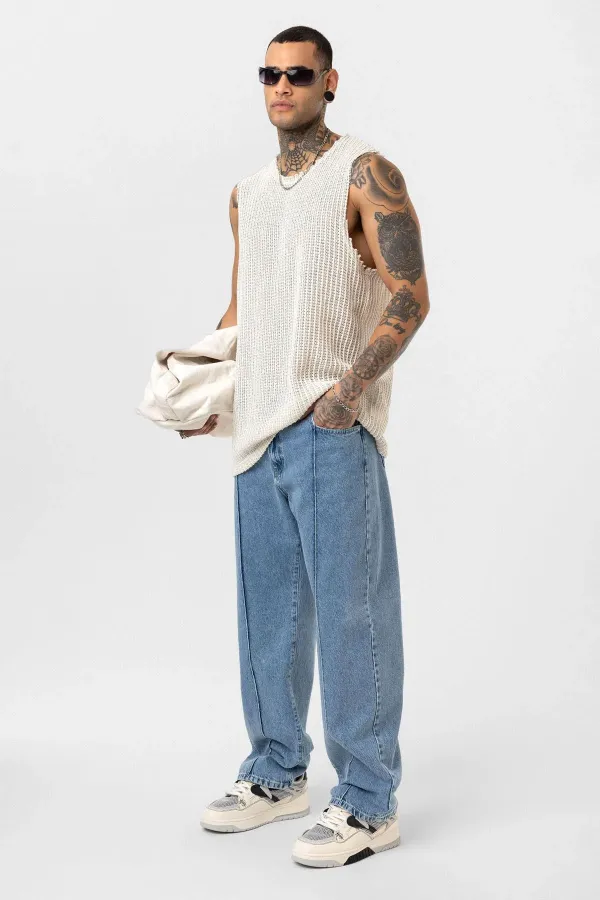 Relaxed Fit Jeans with Stitching Detail, Light Blue Melange