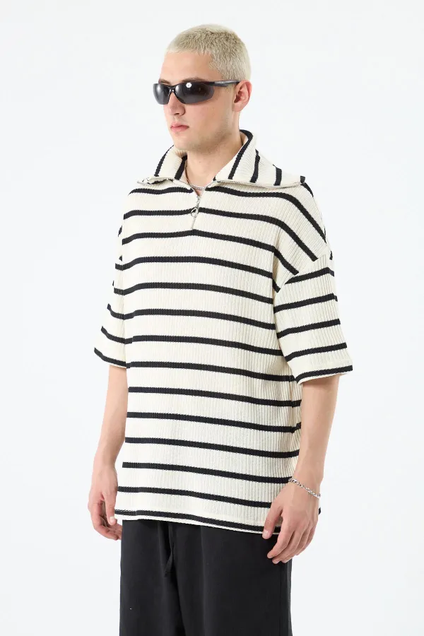 Oversize Çizgili Fermuarlı Yaka Triko Tişört Ekru
