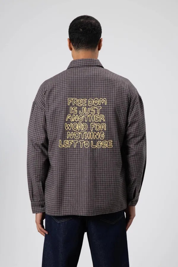 Oversize Baskılı Günlük Kareli Gömlek Kahve