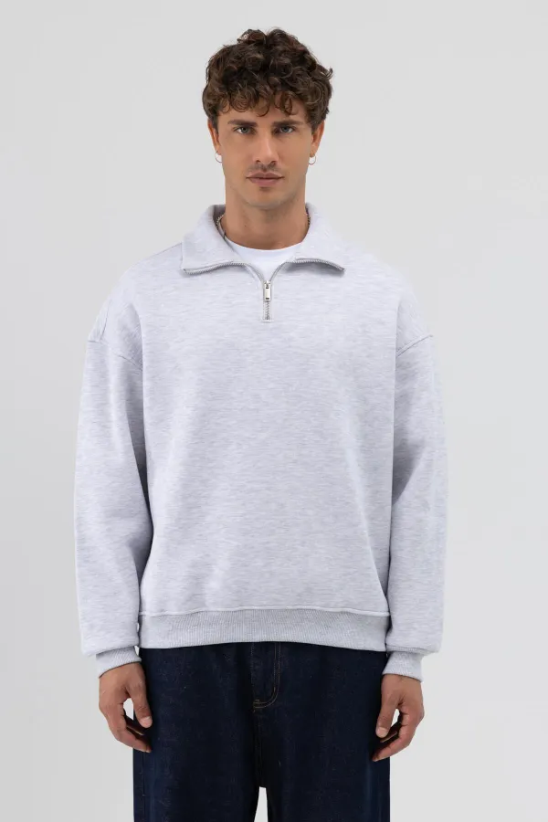 Oversize Fermuarlı Dik Yaka Sweatshirt Karmelanj