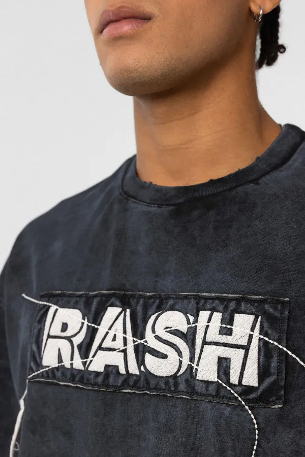 Yıkamalı Oversize Baskılı Tişört Siyah