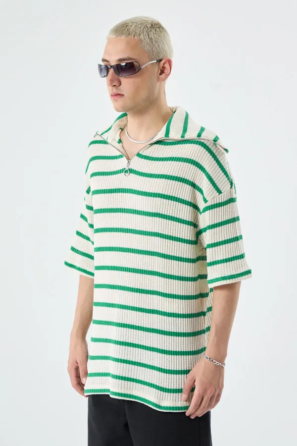 Oversize Çizgili Fermuarlı Yaka Triko Tişört Benetton