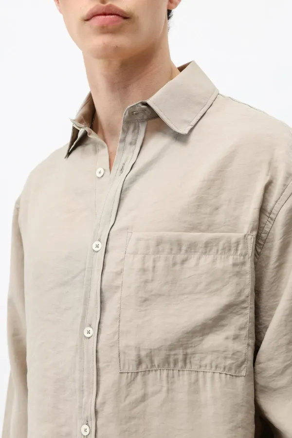 Modal Kumaş Cepli Oversize Gömlek Bej