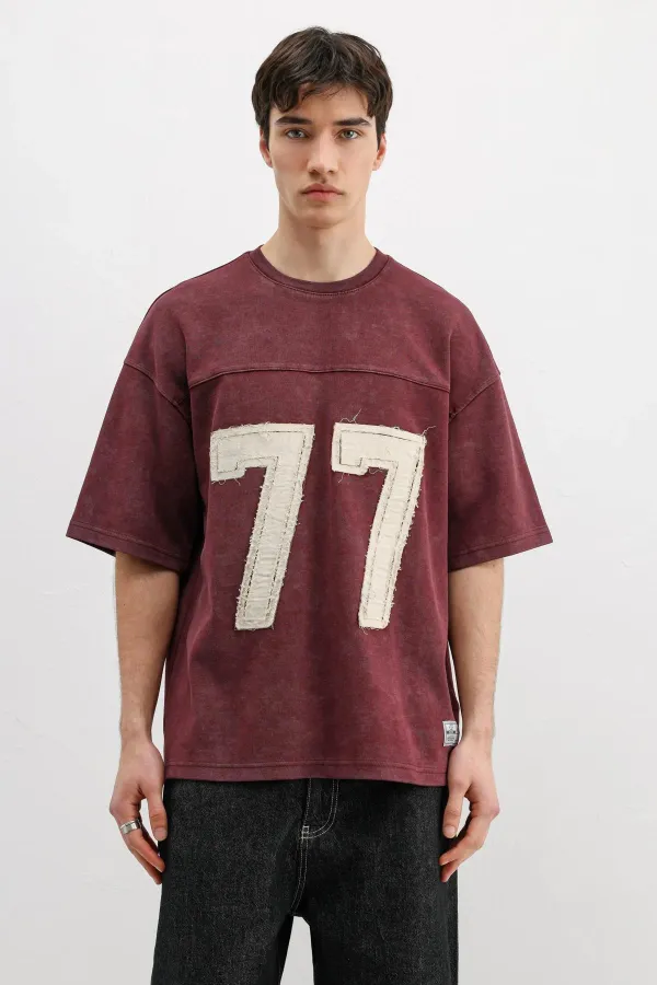 Numara Baskılı Oversize Tişört Bordo