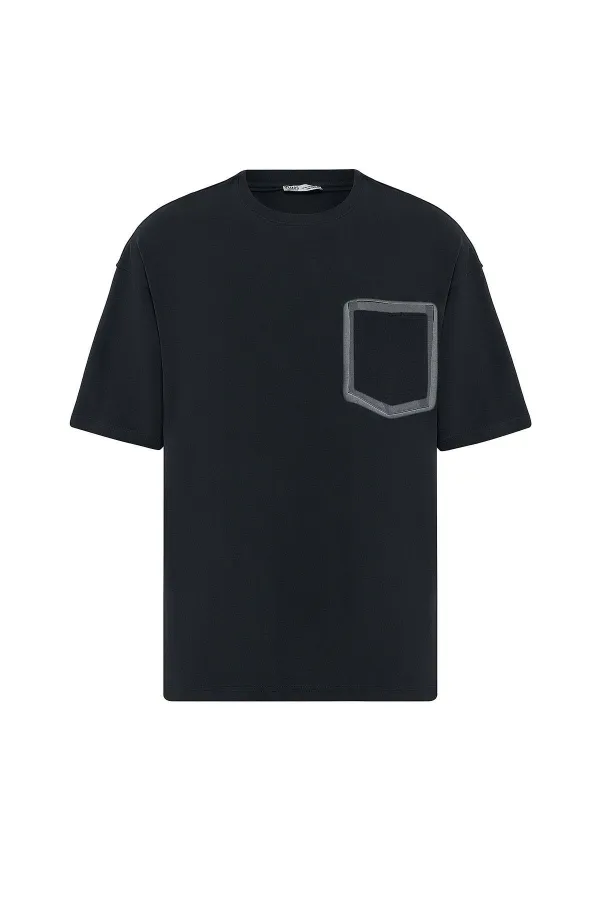 Bisiklet Yaka Cepli Oversize Tişört Siyah