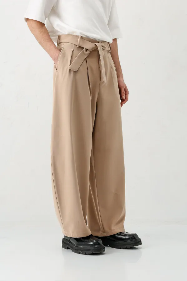 Barrel Fit Tailored Fit Kemerli Pantolon Bej