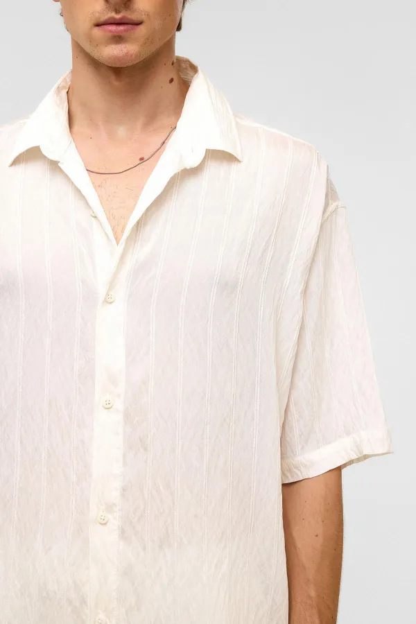 Oversize Striped Short-Sleeved Modal Fabric Shirt, White