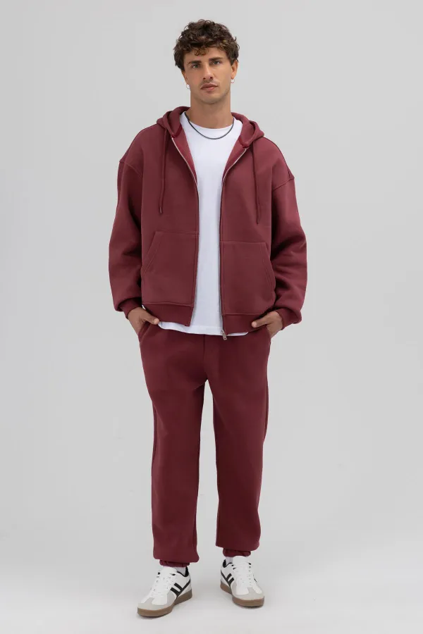 Basic Fermuarlı Oversize Kapüşonlu Sweatshirt Bordo