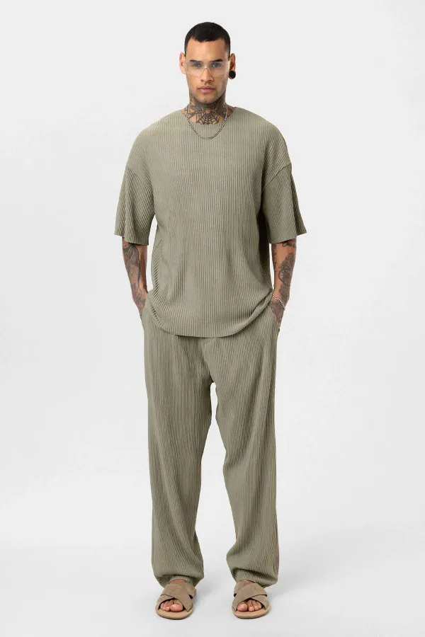 Basic Oversize Bisiklet Yaka Ottoman Takım Haki