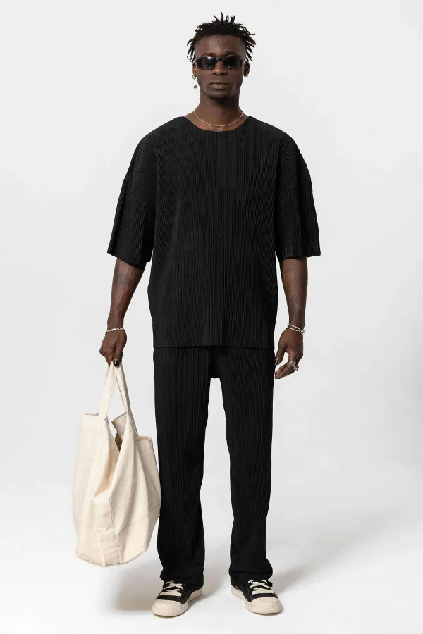 Basic Oversize Bisiklet Yaka Ottoman Takım Siyah