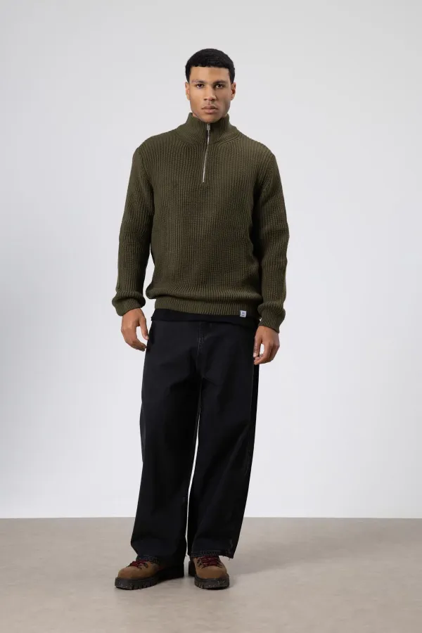 Fermuarlı Örme Triko Kazak Haki