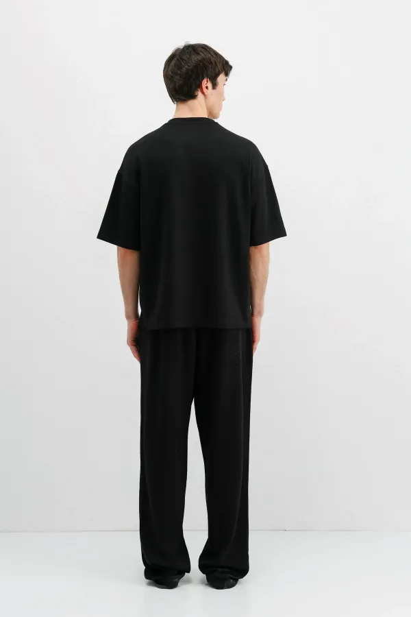 Fitilli Dokulu Oversize Tişört Siyah