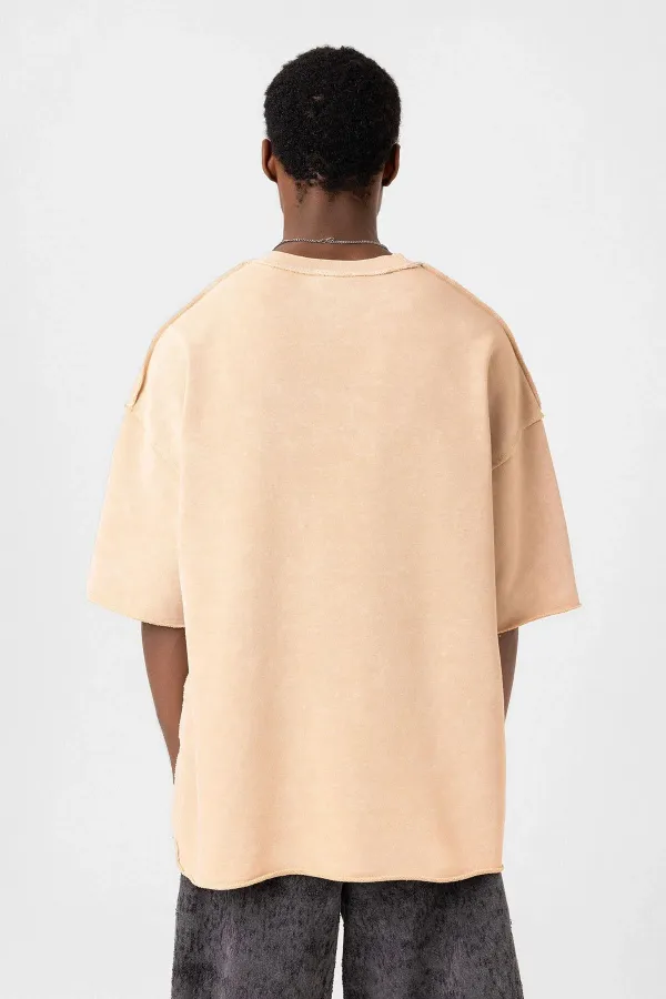 Yıkamalı Oversize Tişört Bej