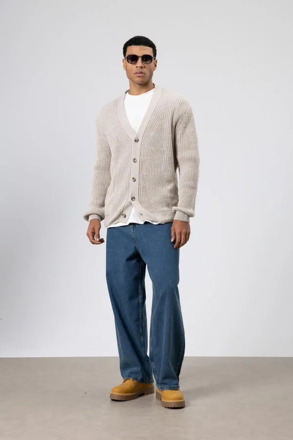 V Yaka Düğmeli Örgü Hırka Kazak Koyu Taş