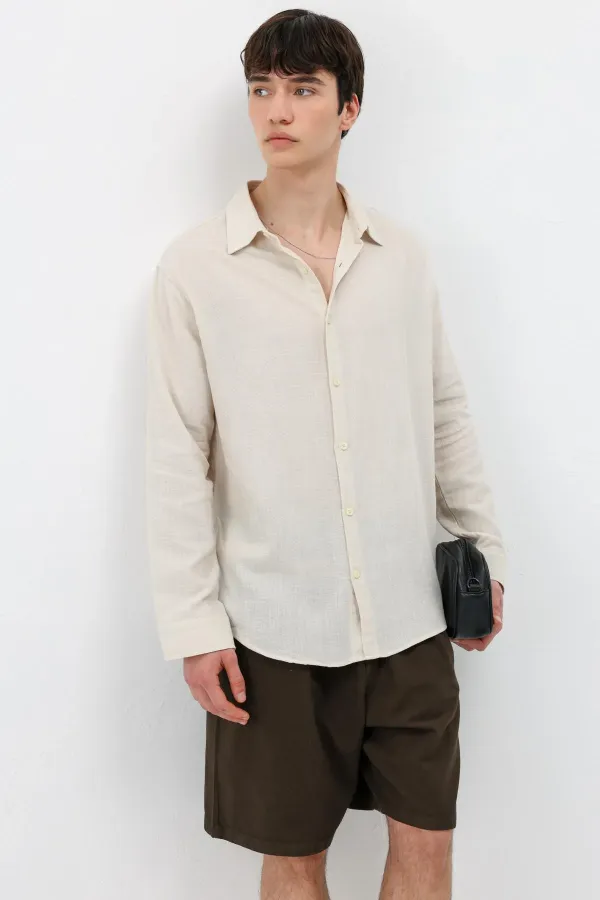 Uzun Kollu Basic Oversize Gömlek Bej