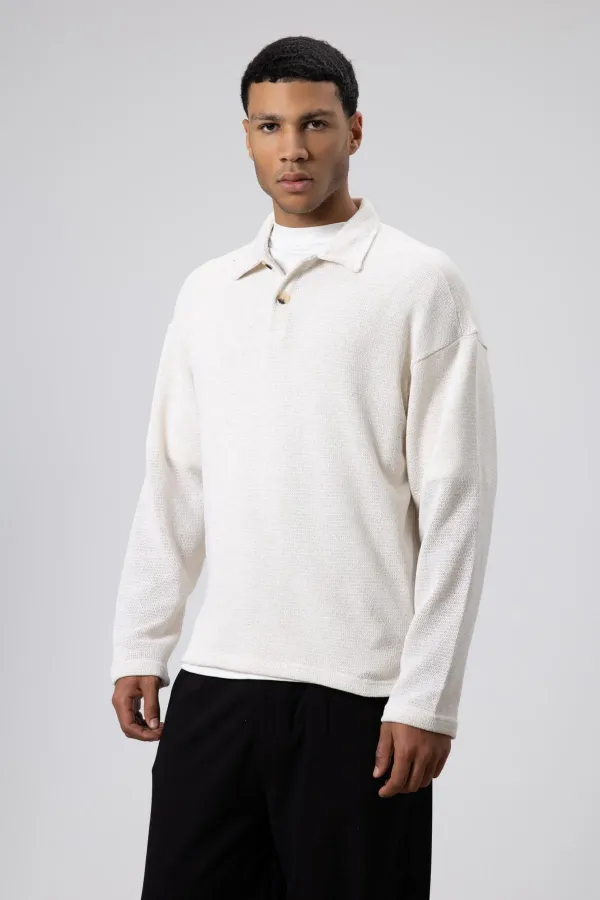 Oversize Polo Yaka Triko Kazak Ekru