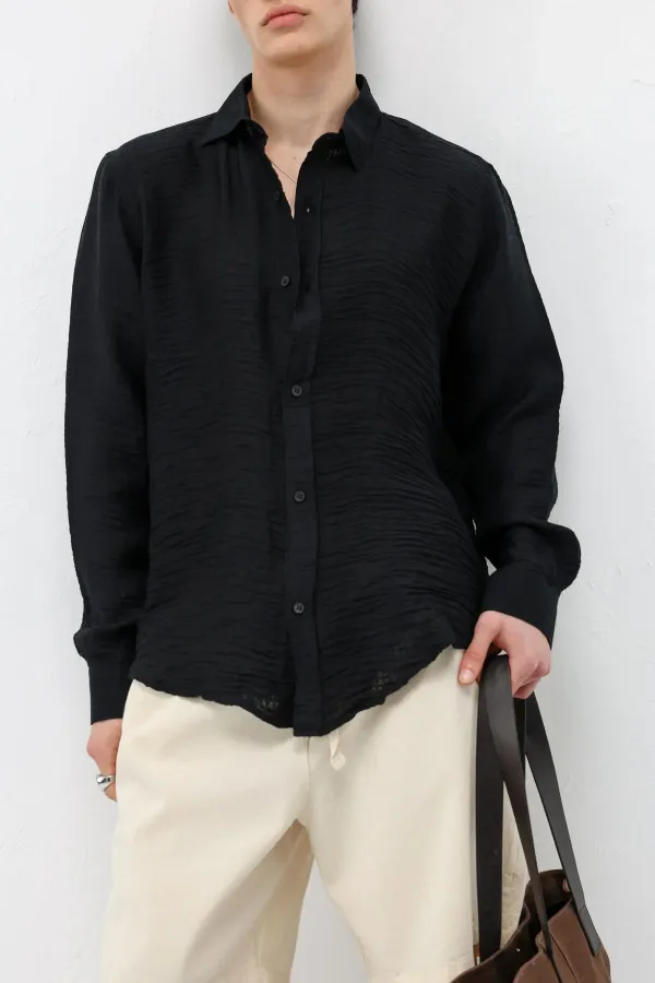 Dokulu Oversize Gömlek Siyah