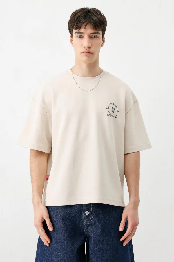 Kısa Kollu Boxy Fit Baskılı Tişört Taş