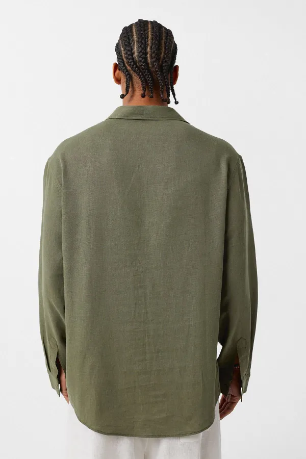 Basic Oversize Uzun Kollu Keten Gömlek Haki