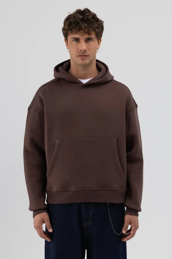 Basic Hooded Boxy Fit Sweatshirt Brown