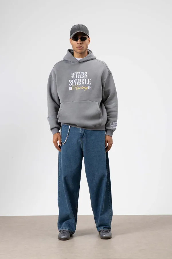 Oversize Nakış Baskılıkapüşonlu Sweatshirt Füme