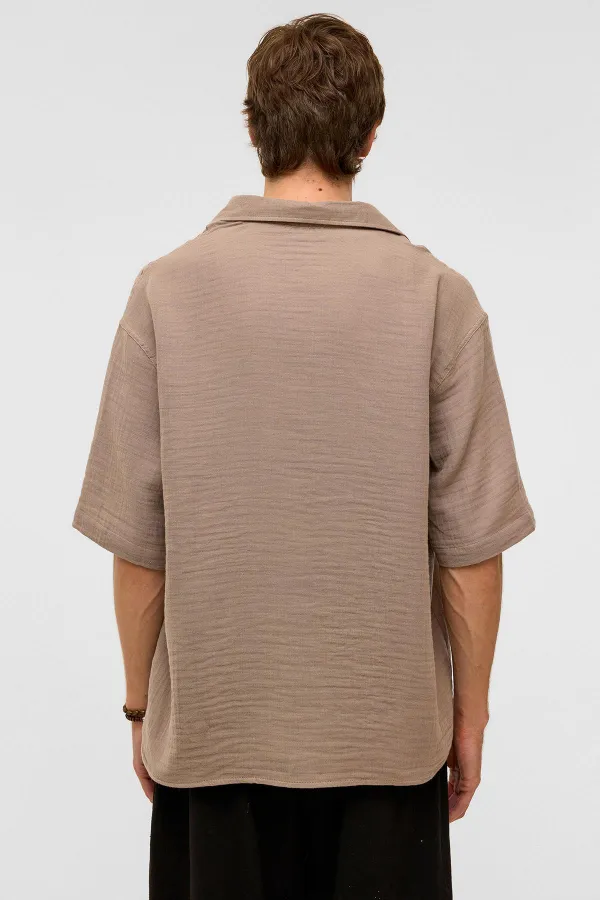 Oversize Kısa Kollu Müslin Kumaş Gömlek Bej