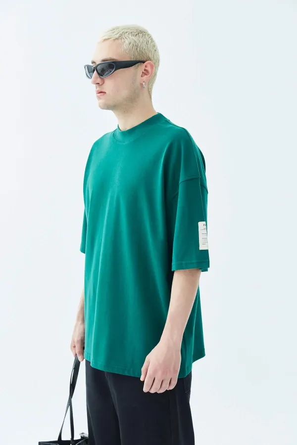 Balıkçı Yaka Etiket Detaylı Oversize Tişört - Açık Füme Nefti