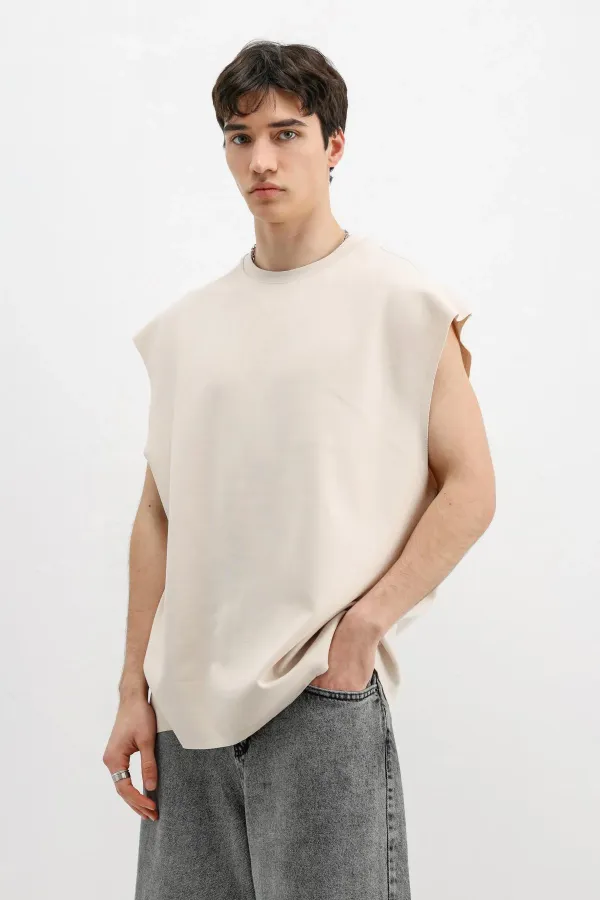 Oversize Kolsuz Basic Tişört Taş Oversize Kolsuz Basic Tişört Taş