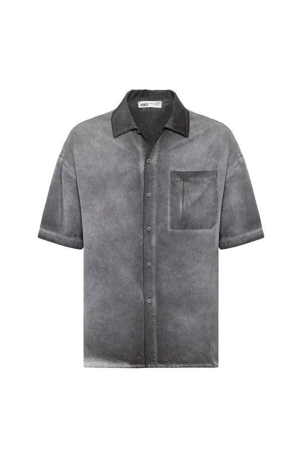 Yıkamalı Kısa Kollu Oversize Gömlek Siyah