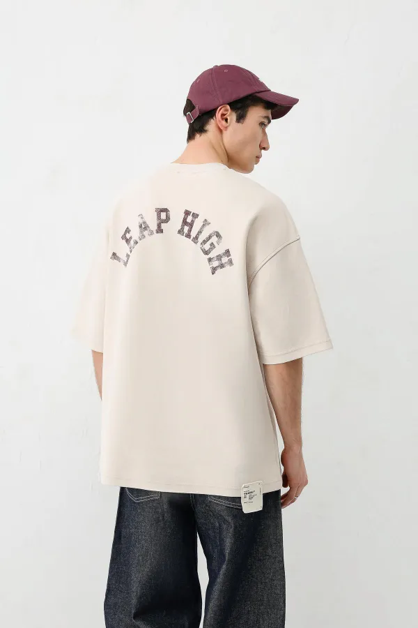 Yıkamalı Baskılı Oversize Tişört Taş