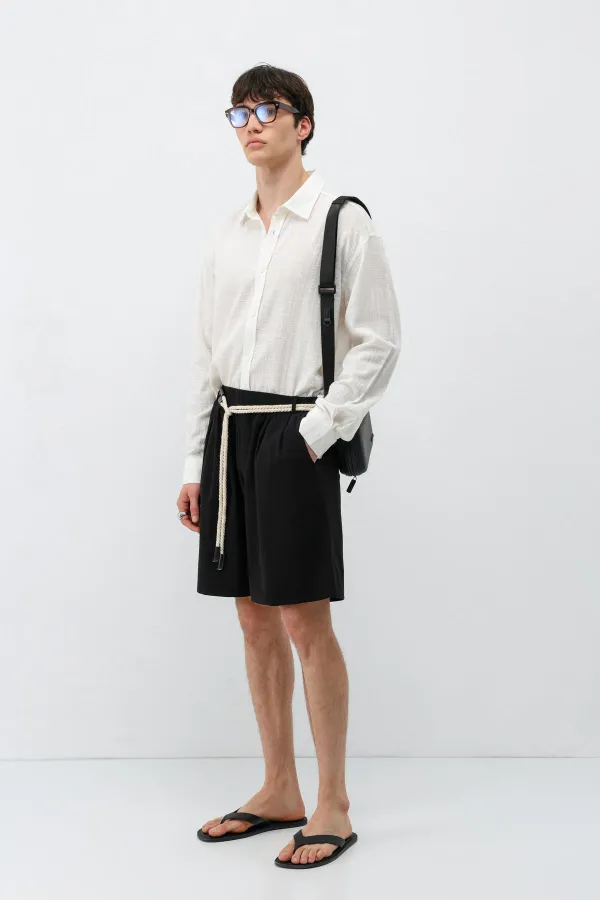 Kemerli Oversize Keten Şort Siyah