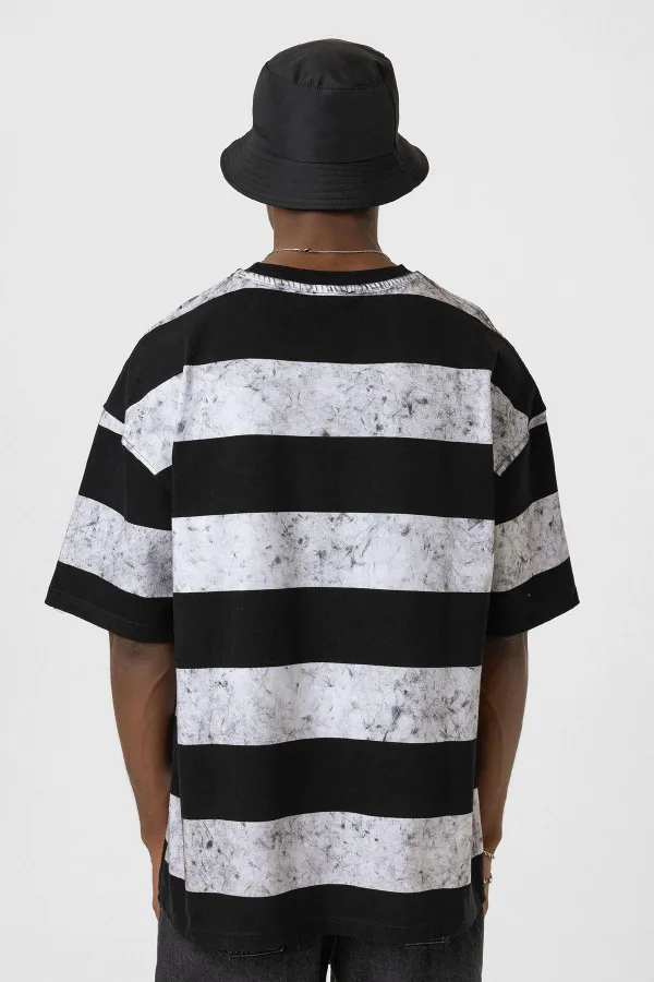 Yıkamalı Şeritli Oversize Tişört Siyah - Beyaz