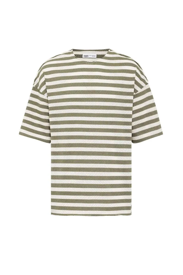 T-shirt rayé oversize en maille kaki
