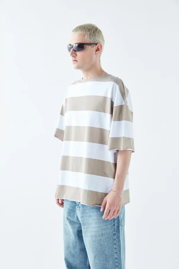 Dijital Baskılı Şeritli %100 Pamuk Oversize Tişört Vizon