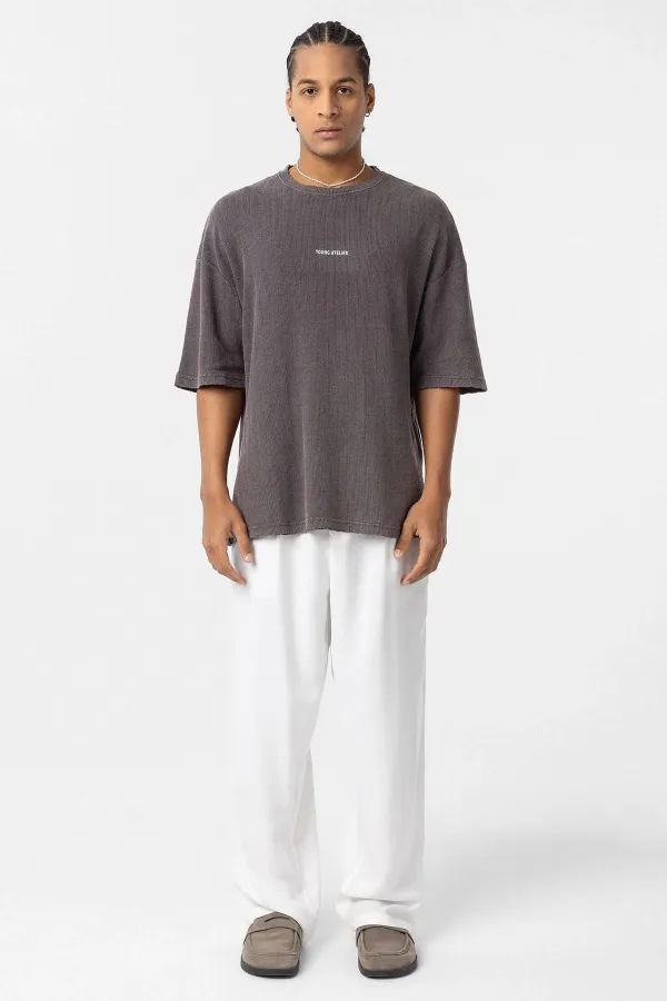 Yıkamalı Arka Baskılı Oversize Tişört Kahve