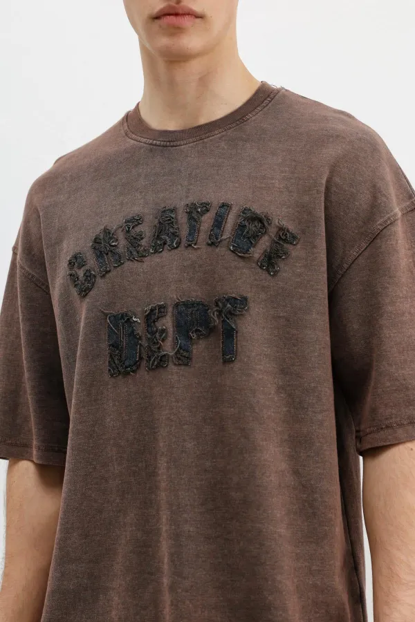 Yıkamalı Yazı Baskılı Oversize Tişört Kahve