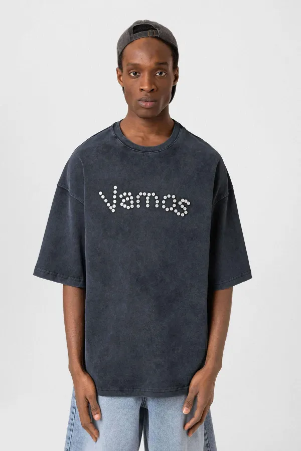 Yıkamalı Düğme Detaylı Oversize Tişört Siyah