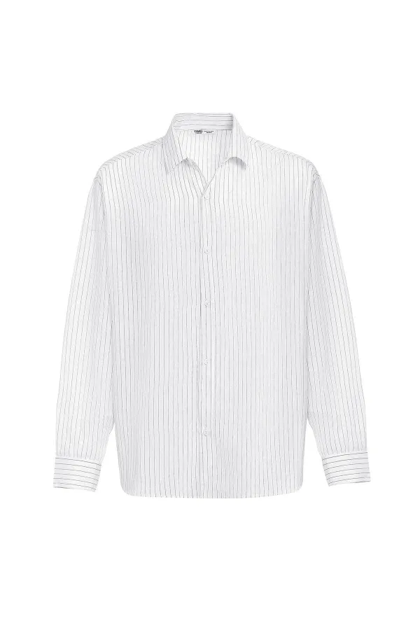 Oversize Çizgili Uzun Kollu Gömlek Beyaz