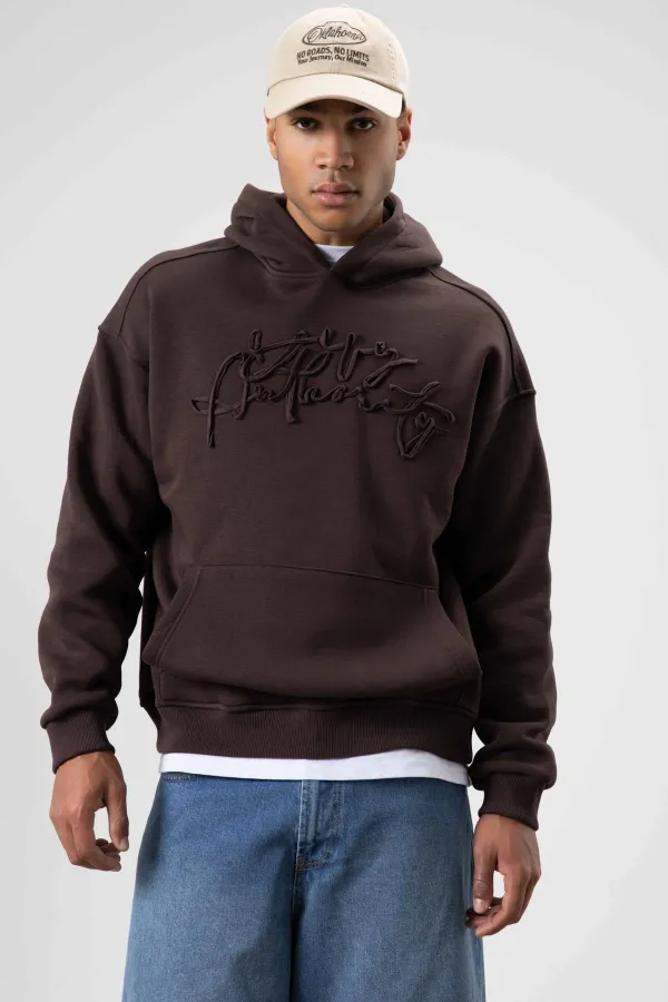 Oversize Baskılı Kapüşonlu Sweatshirt Kahve