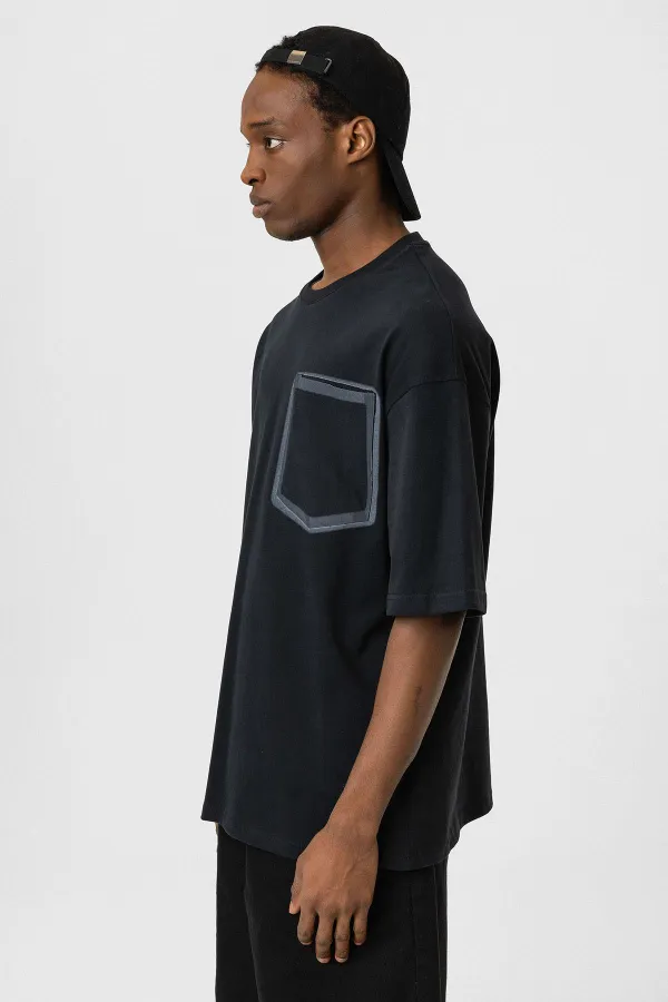 Bisiklet Yaka Cepli Oversize Tişört Siyah