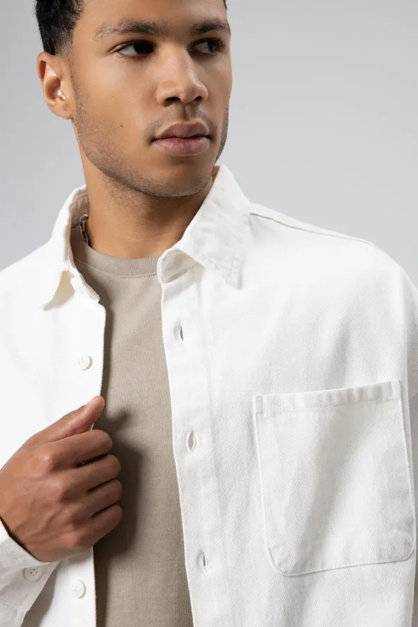 Oversize Gabardin Gömlek Ceket Beyaz