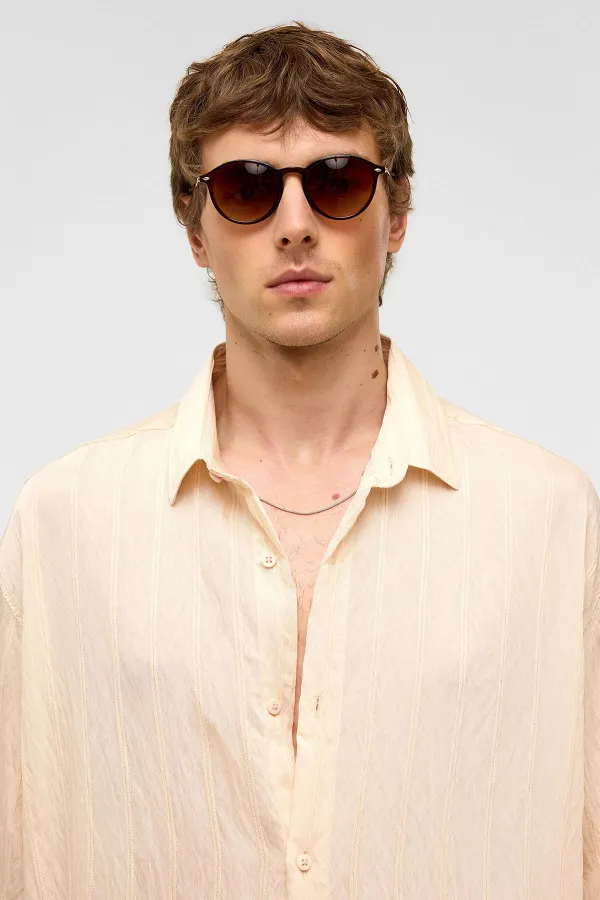 Oversize Striped Short-Sleeved Modal Fabric Shirt, Beige