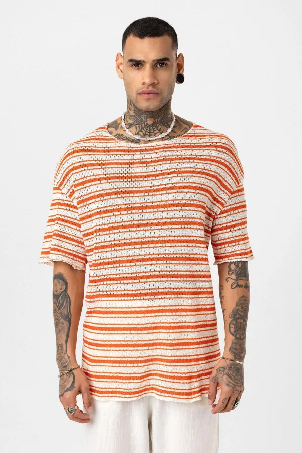 T-shirt rayé oversize en maille orange