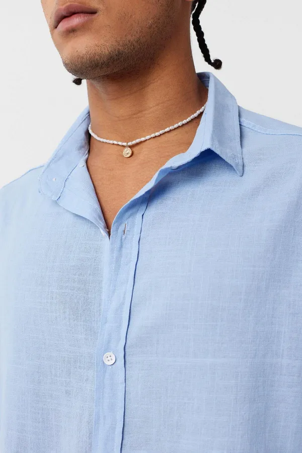 Basic Oversize Long-Sleeve Linen Shirt, Blue