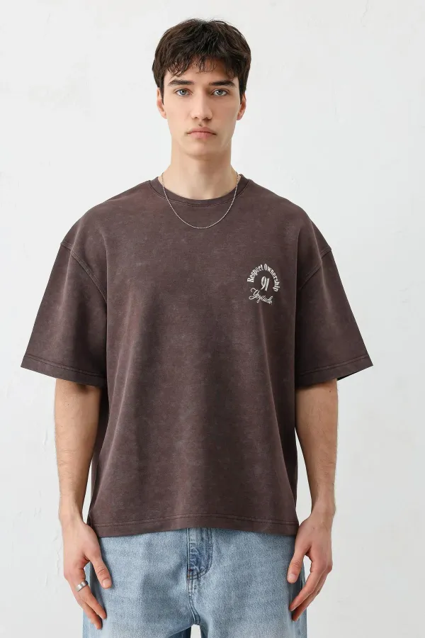 Kısa Kollu Boxy Fit Baskılı Tişört Kahve