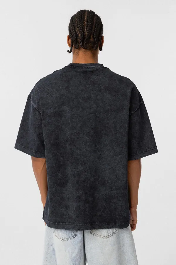 Yıkamalı Cep Detaylı Oversize Tişört Siyah